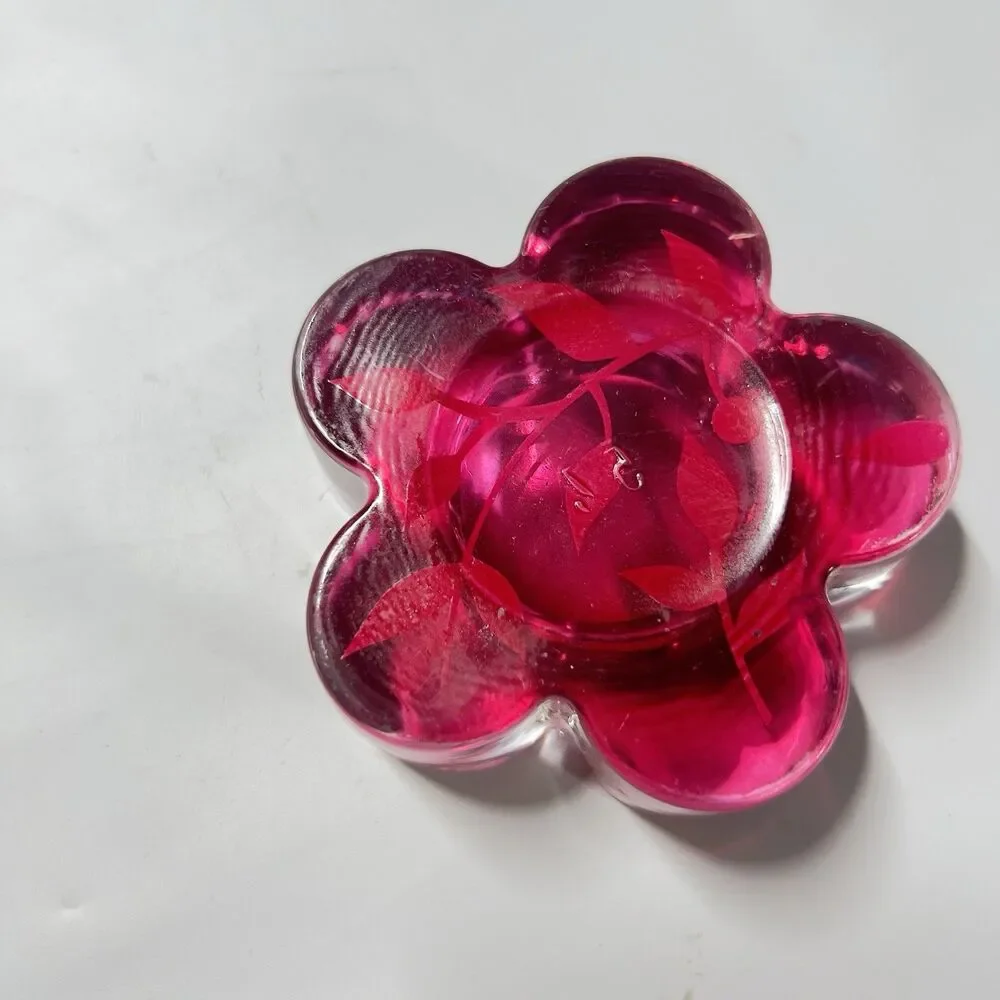 Y2K Vintage Iridescent Red Flower Design Glass Candle Holder Paper Weight 3”x1”h